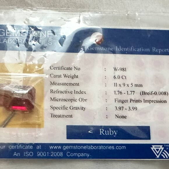 Lab Certified 6 Carat Red Ruby Loose Gemstone Emerald Cut 11 x 9 x 5 mm NEW - Picture 2 of 5